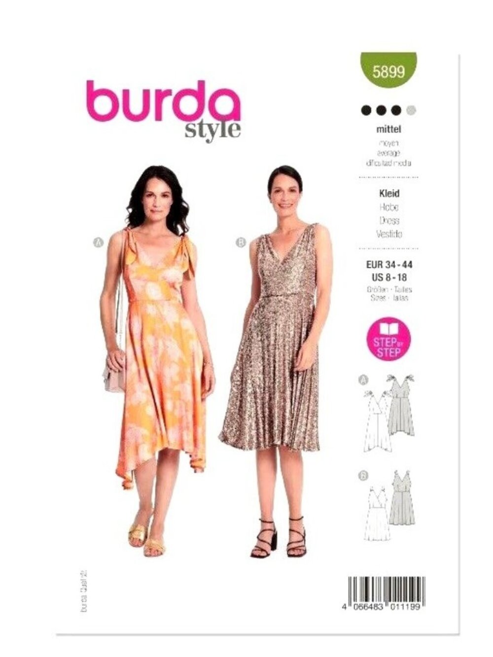 Burda NEW UNCUT Pattern 5899 Misses V-Veck Dress Sundress Midi Hi Lo Sizes 8-18